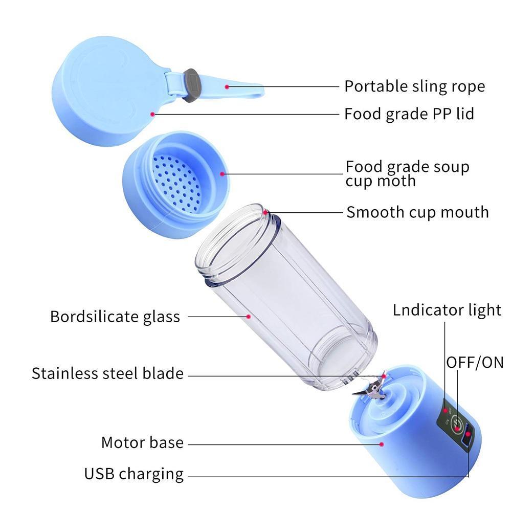 Portable Home USB Rechargeable 4Blade Electric Fruit Extractor Juice Blender Extractor Fruit Smoothie Maker Cup Bottle and Cover - RAPBLUE