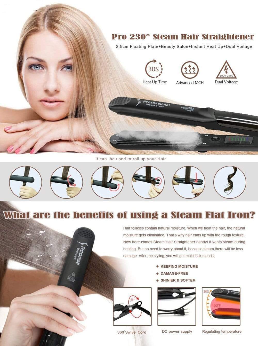 PROFESSIONAL SALON STEAM HAIR STRAIGHTENER - RAPBLUE