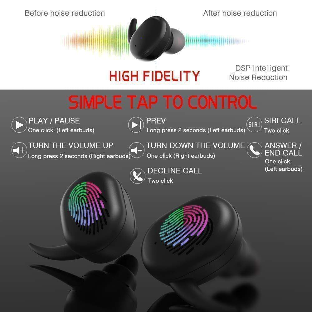TWS True Wireless Bluetooth 5.0 Earbuds Waterproof Sport Touch Control Noise Cancelling Earphones - RAPBLUE