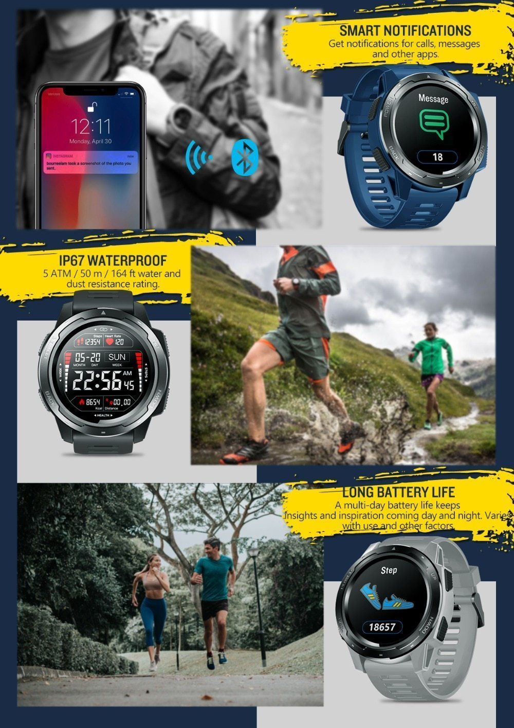 New Sport Bluetooth Smart Watch Heart Rate Monitor All-Day Activity Tracking Pedometer For iPhone Android - RAPBLUE