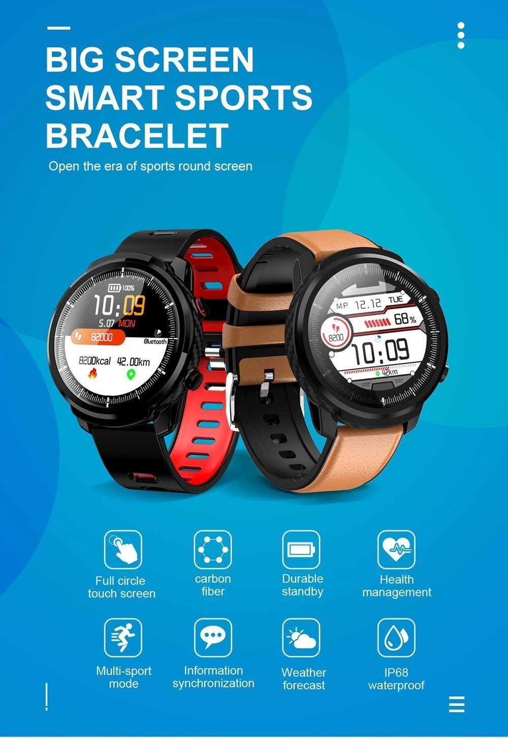 New IP68 Waterproof Heart Rate Pedometer Fitness Tracker Smartwatch For iPhone Androids - RAPBLUE