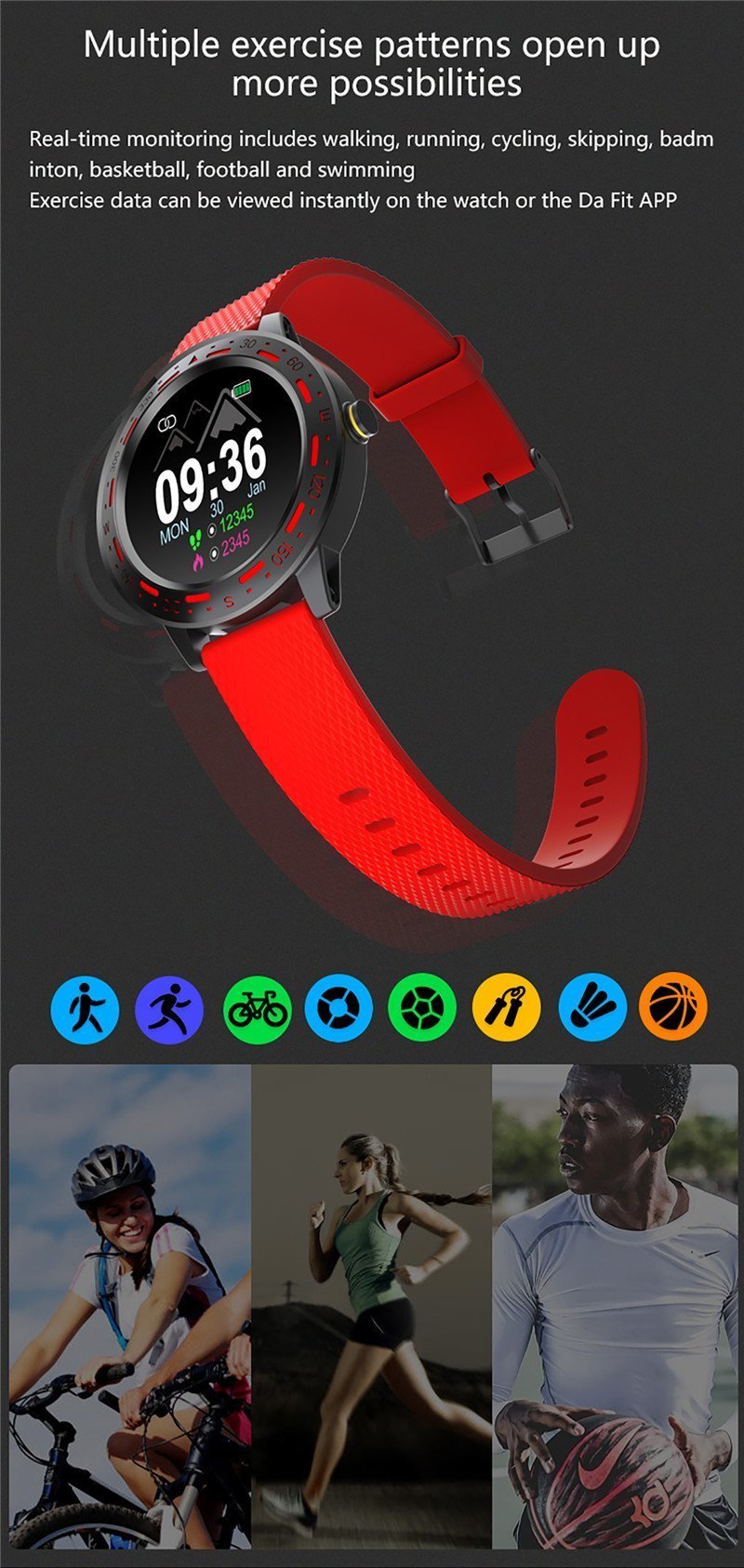 New IP67 Waterproof 1.3'' Full Touch Screen Heart Rate Fitness Tracker Sport Smartwatch - RAPBLUE