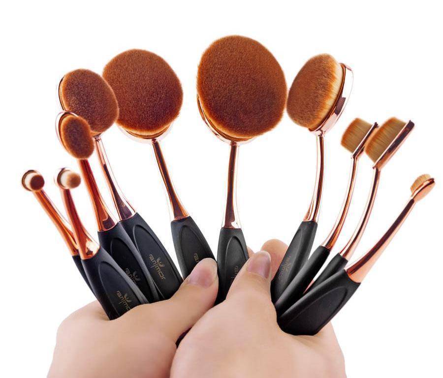 Oval Makeup Brush Professional 10Pcs Rose Gold - RAPBLUE