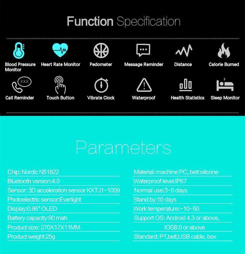 New Smartband Bluetooth Fitness Bracelet with Blood Pressure Heart Rate Monitor for Android IOS Phone - RAPBLUE