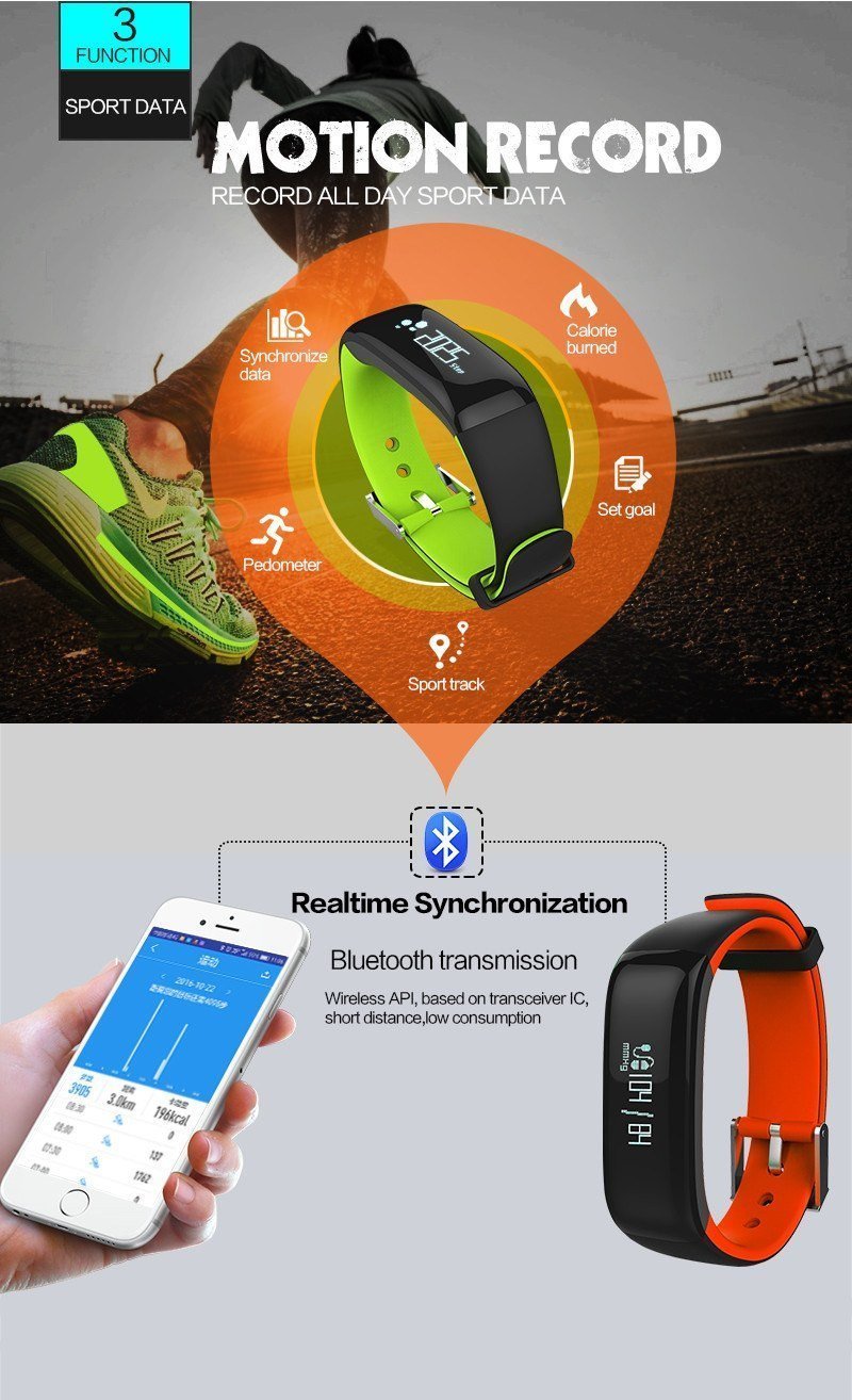 New Smartband Bluetooth Fitness Bracelet with Blood Pressure Heart Rate Monitor for Android IOS Phone - RAPBLUE