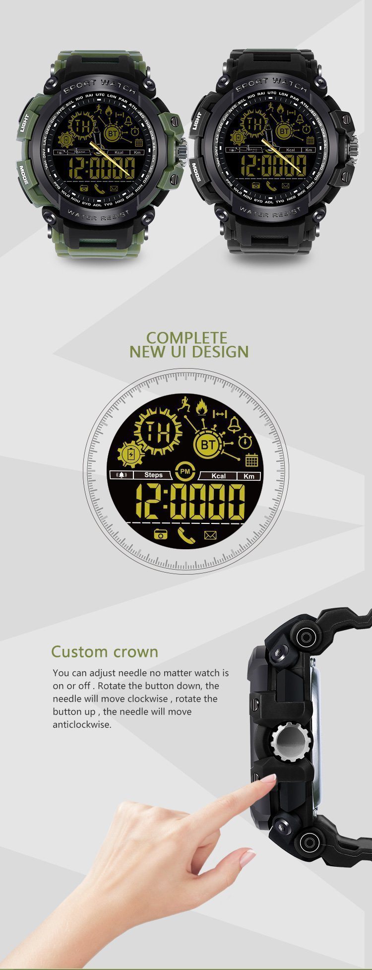 New Rugged Fitness Smartwatch Passometer Smart Clock Waterproof Watch Activities tracker for iPhone Android Phones - RAPBLUE