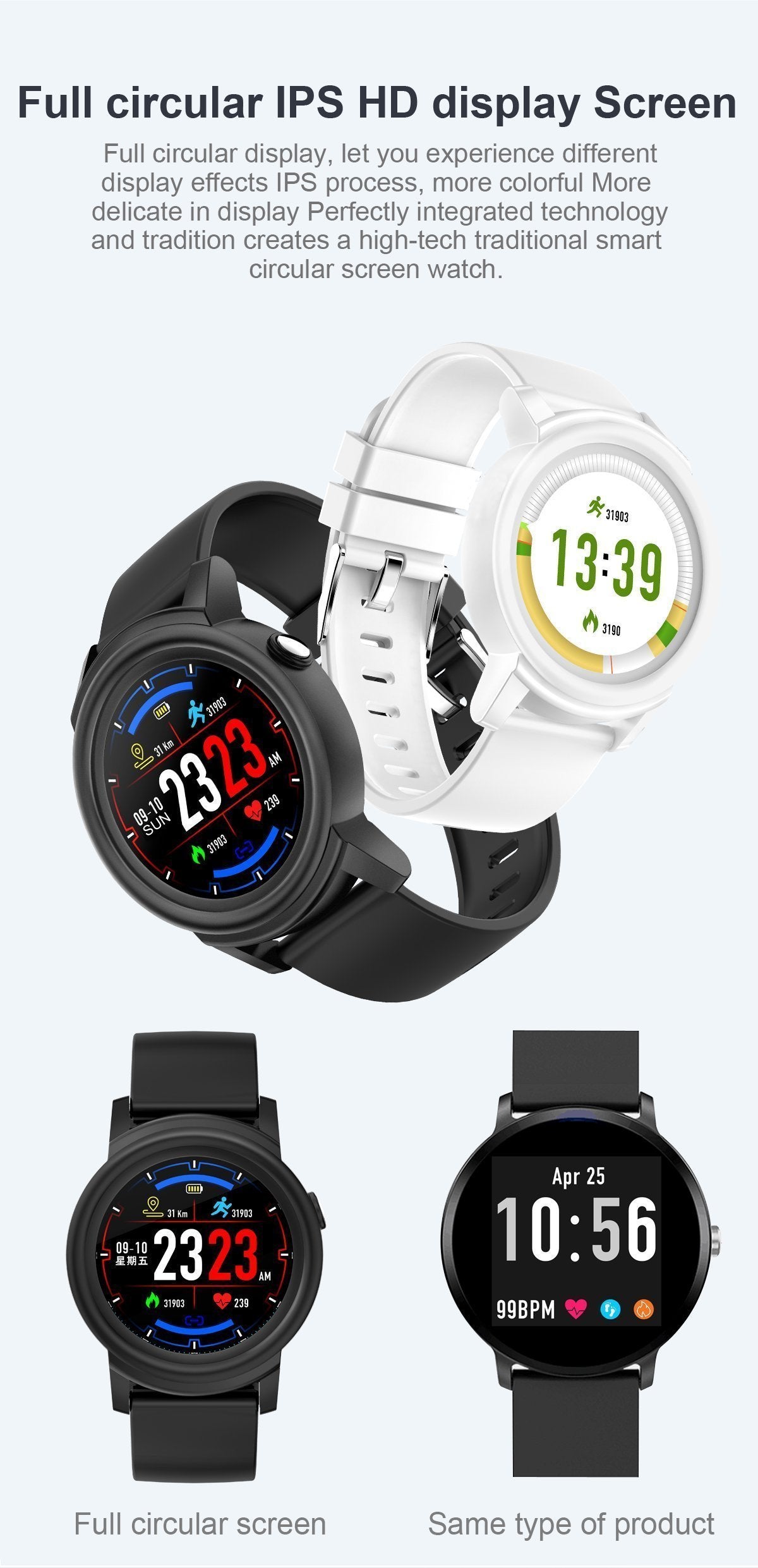 Full HD IPS Circular Screen Band Heart Rate Monitor Sport Mode Fitness Tracker Smart Watch - RAPBLUE