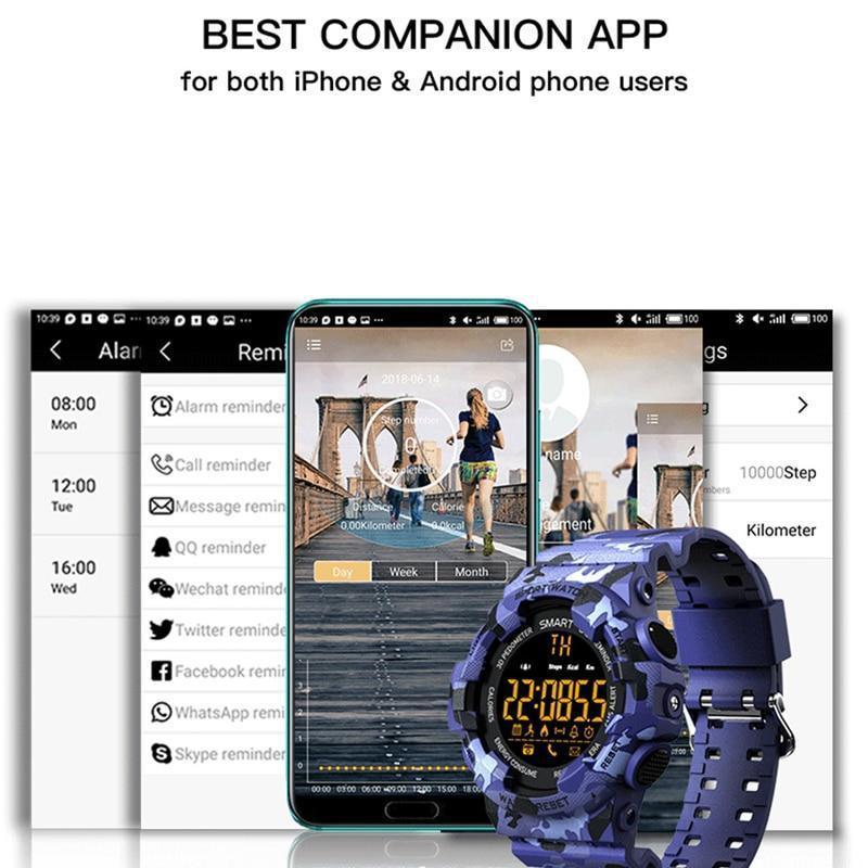 New Rugged Outdoor Camouflage Bluetooth IP67 Waterproof Smartwatch With Fitness Motion Tracking For iOS Android - RAPBLUE