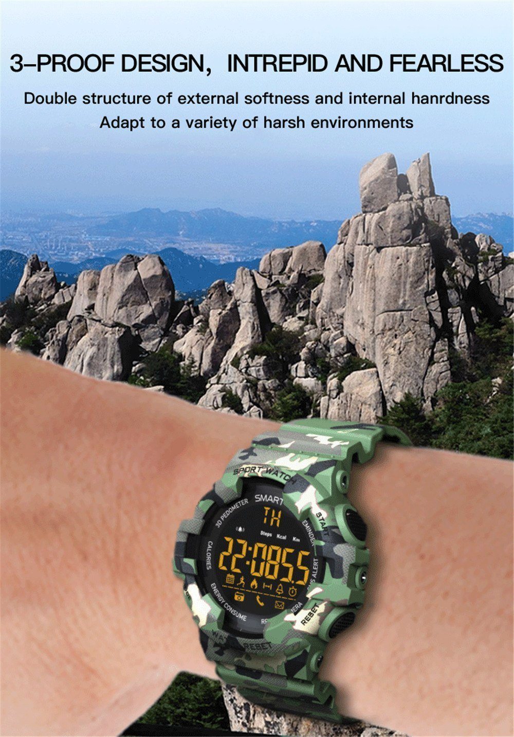 New Rugged Outdoor Camouflage Bluetooth IP67 Waterproof Smartwatch With Fitness Motion Tracking For iOS Android - RAPBLUE