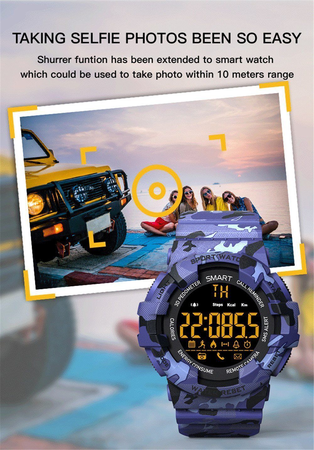 New Rugged Outdoor Camouflage Bluetooth IP67 Waterproof Smartwatch With Fitness Motion Tracking For iOS Android - RAPBLUE