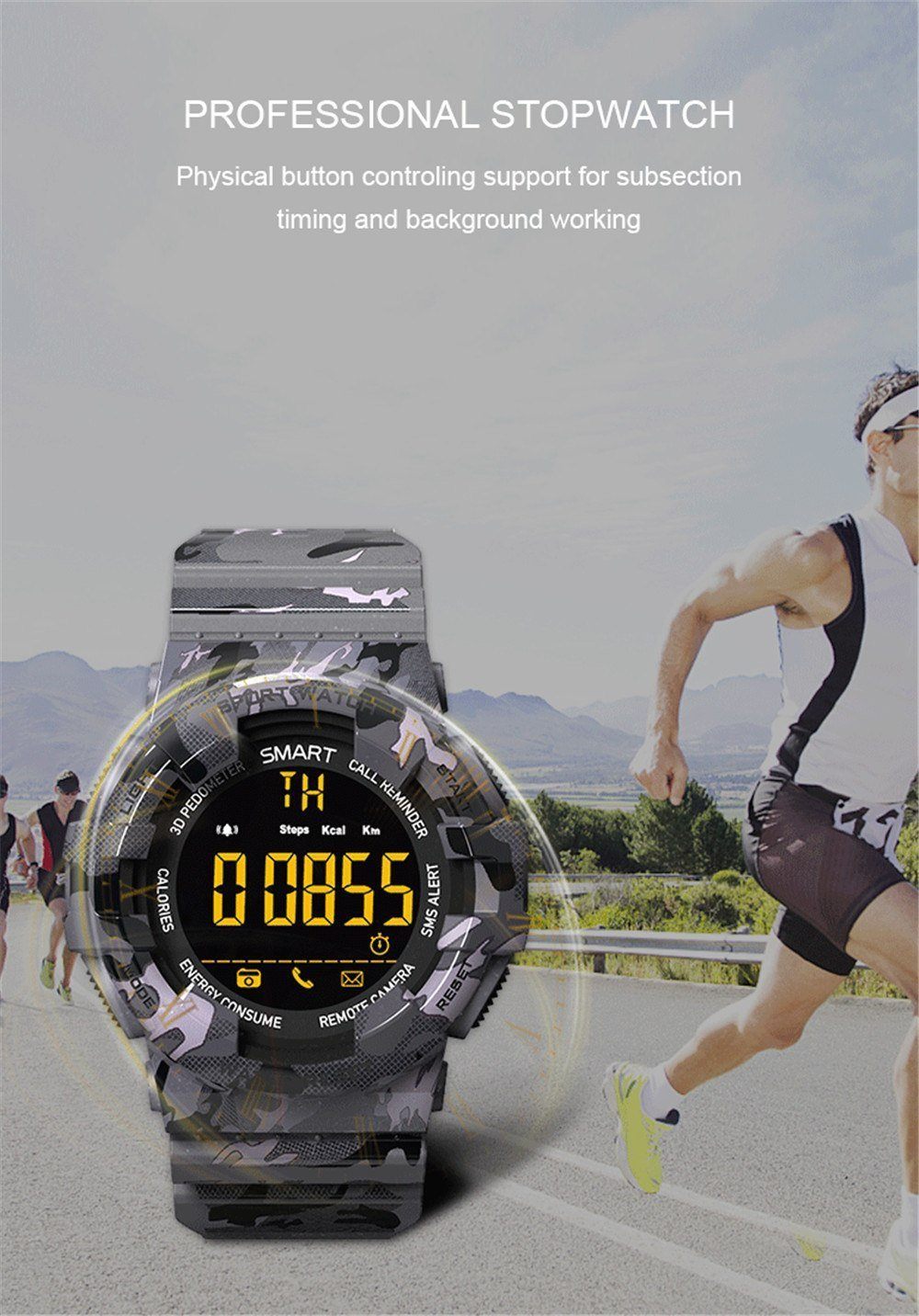 New Rugged Outdoor Camouflage Bluetooth IP67 Waterproof Smartwatch With Fitness Motion Tracking For iOS Android - RAPBLUE