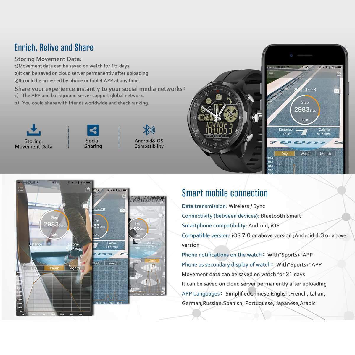 New Rugged Outdoor Smartwatch 50M Waterproof 33-month Standby Time 24H All-Weather Monitoring Smart Watch For iPhone Android - RAPBLUE
